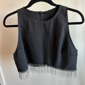 Black Rhinestone Fringe Cropped Tank Top